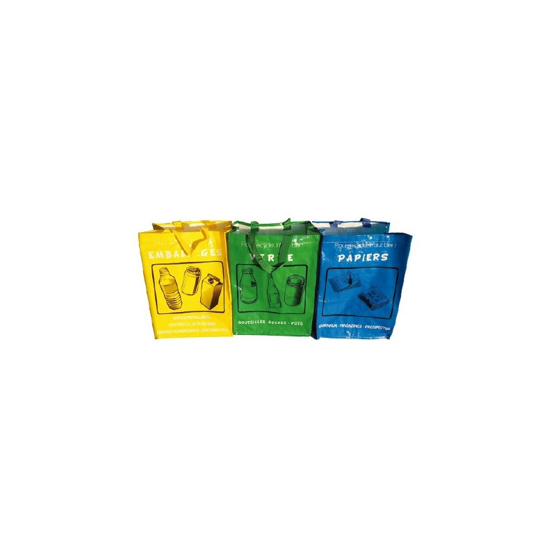3 sacs de tri séléctif - L 78 x H 44 x l 35 cm - Vert, jaune et
